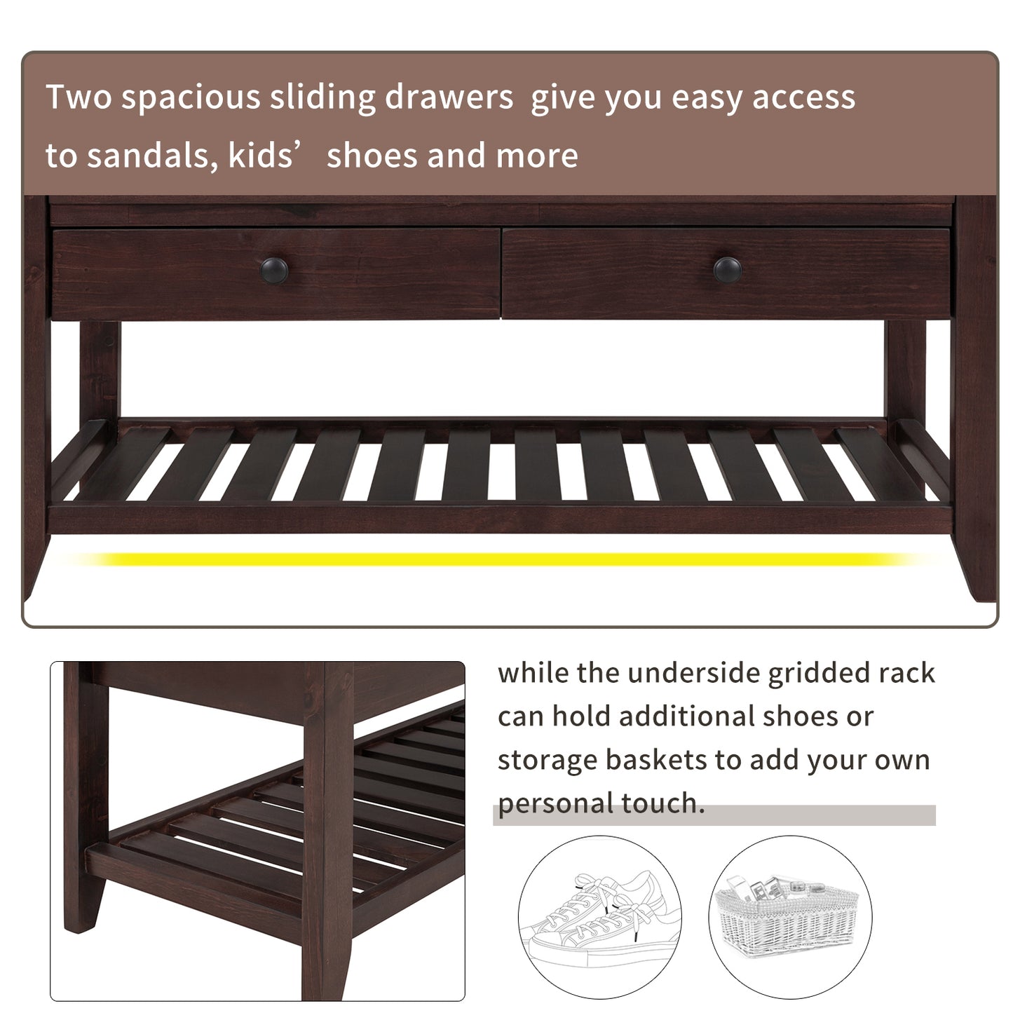 Shoe Rack Storage Bench with Cushioned Seat & Drawers, Espresso