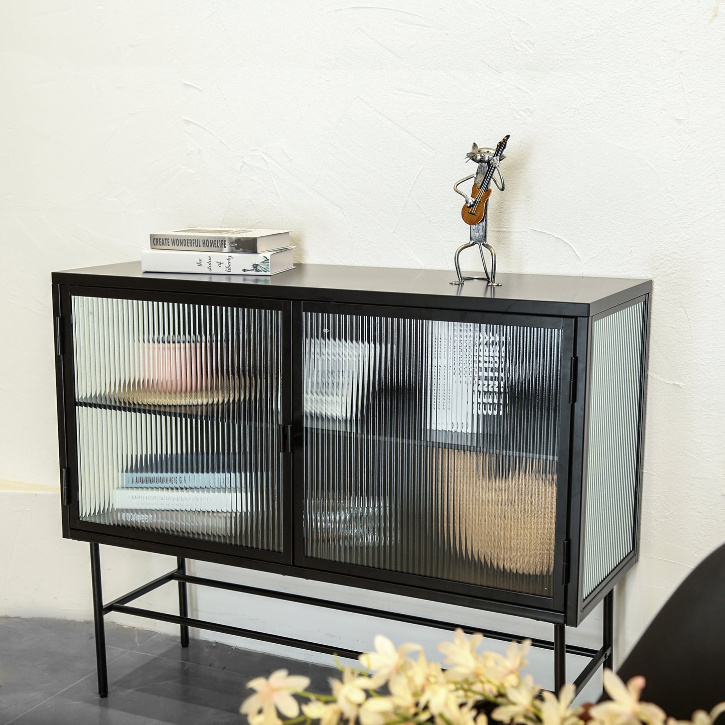 Simple Retro Sideboard Storage Cabinet with Detachable Wide Shelves, Black