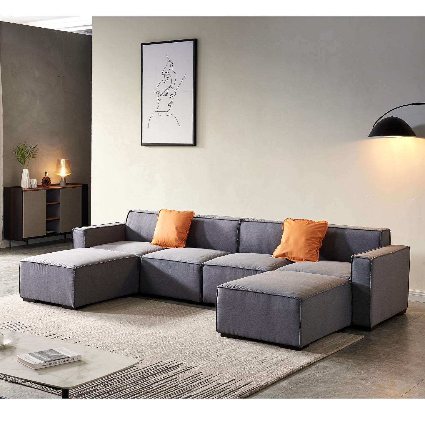 Modular U Shape Sectional Fabric Sofa, Grey