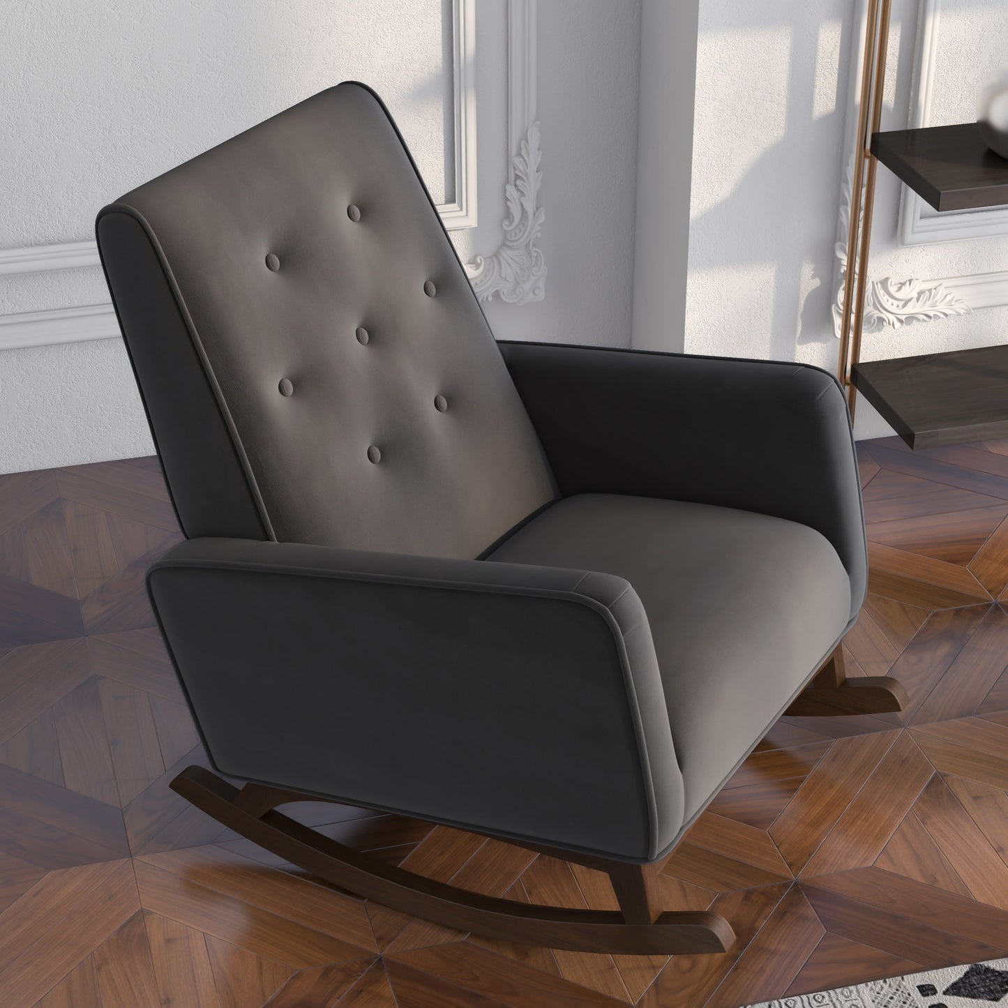 Velvet Fabric Rocking Chair, Dark Grey 