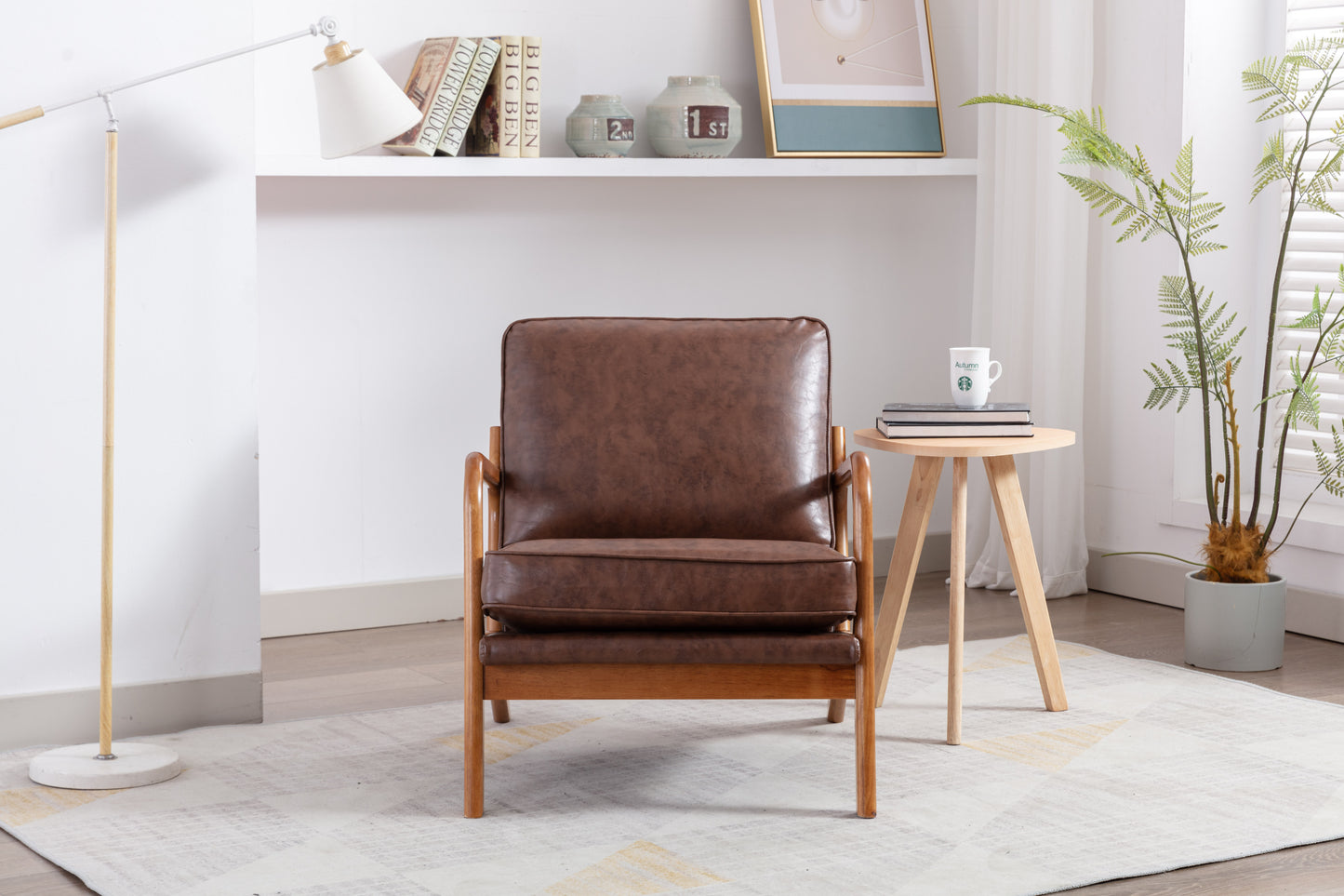 Wood Frame Accent Armchair With Pu Cushion, Brown