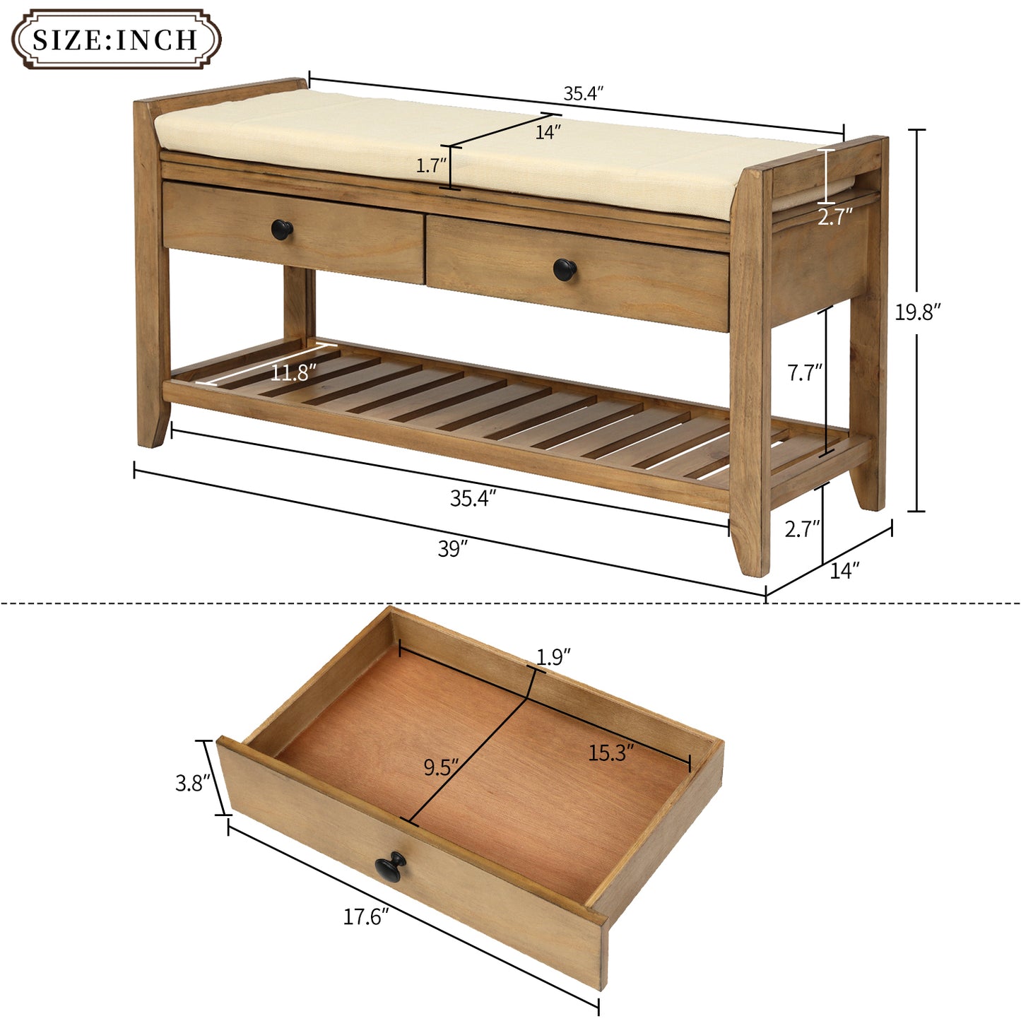 Shoe Rack Storage Bench with Cushioned Seat & Drawers, Old Pine