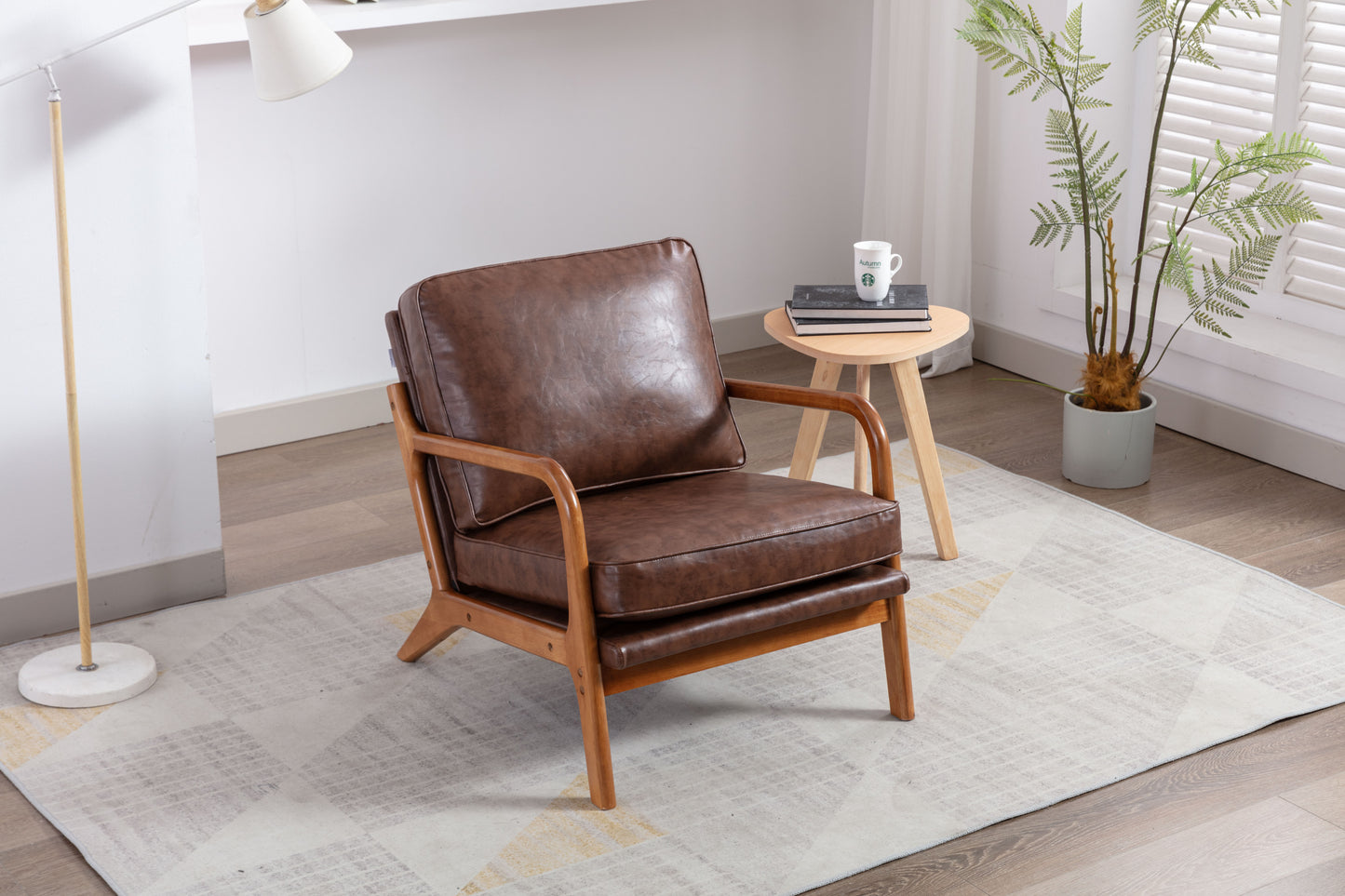 Wood Frame Accent Armchair With Pu Cushion, Brown