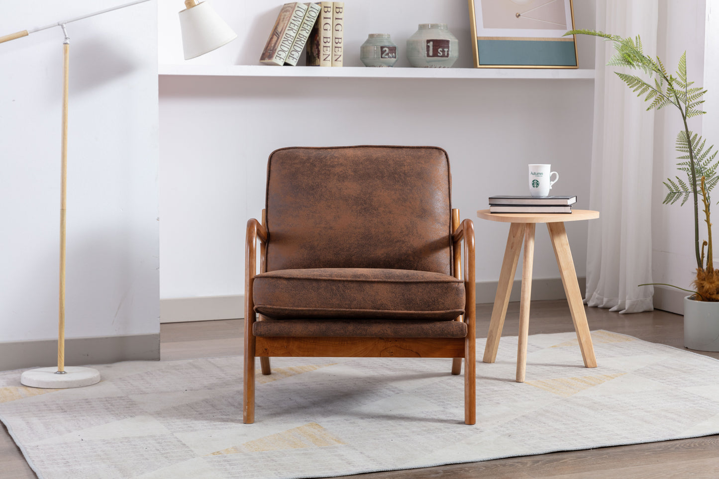 Wood Frame Accent Armchair With Pu Cushion, Coffee