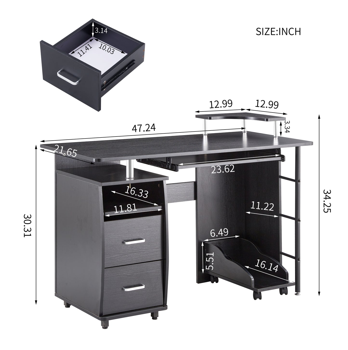 Compact Computer Desk with Two Drawers, Storage & Roller Tray, Black