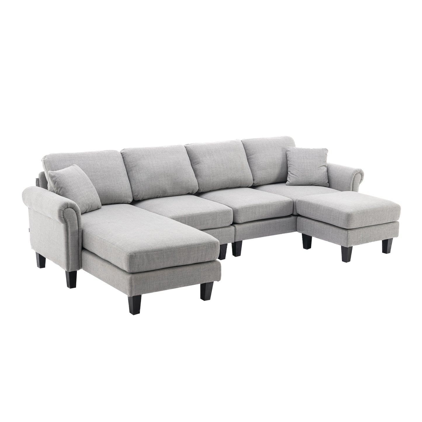 Linen Upholstered Sectional Sofa and Ottoman, Light Grey