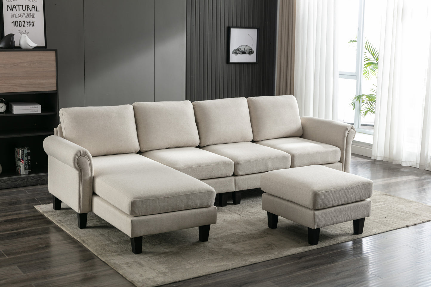 Linen Upholstered Sectional Sofa and Ottoman, Beige