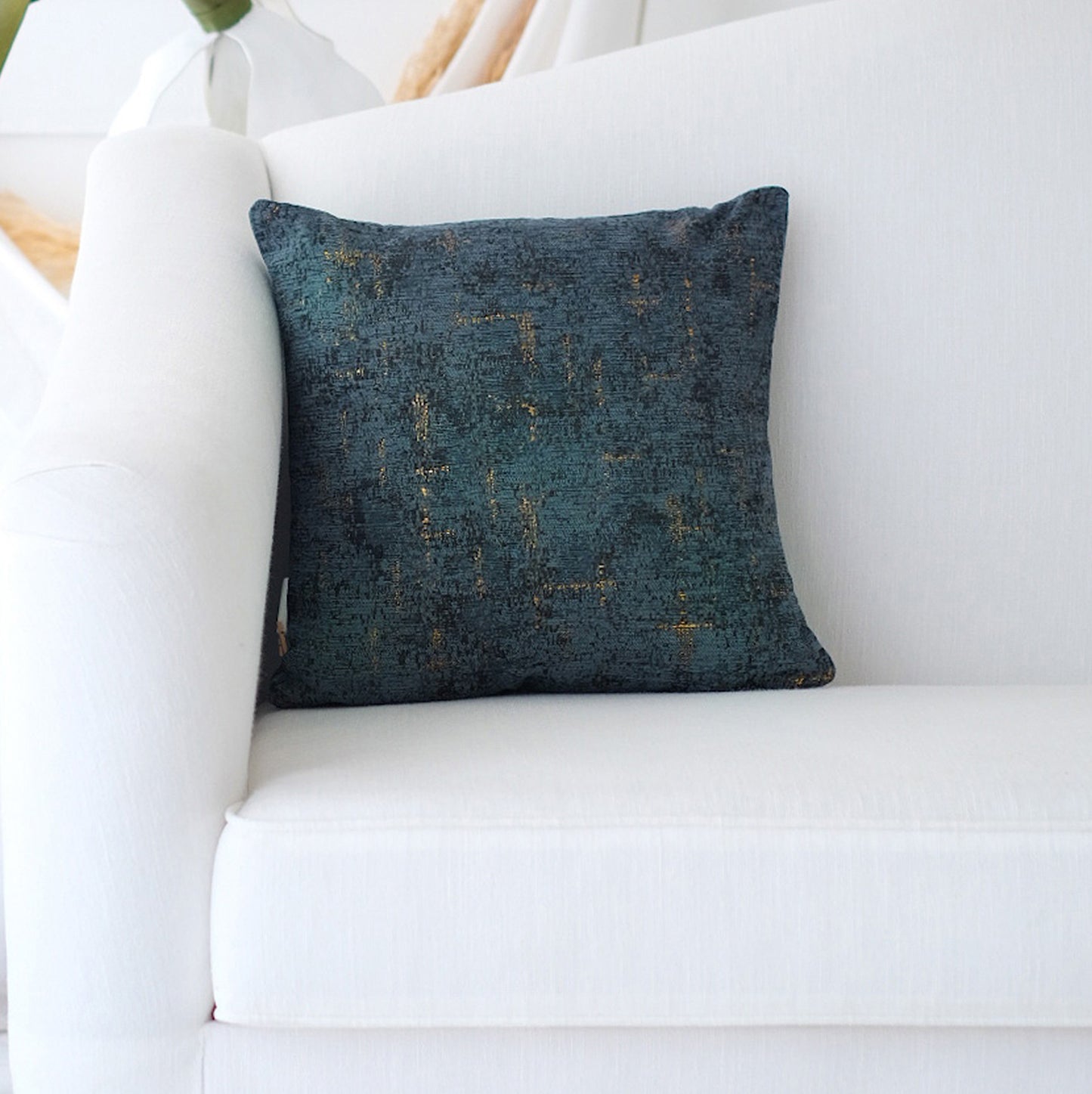 Decorative Denim 18" x 18" Blue and Gold Chenille Throw Pillow