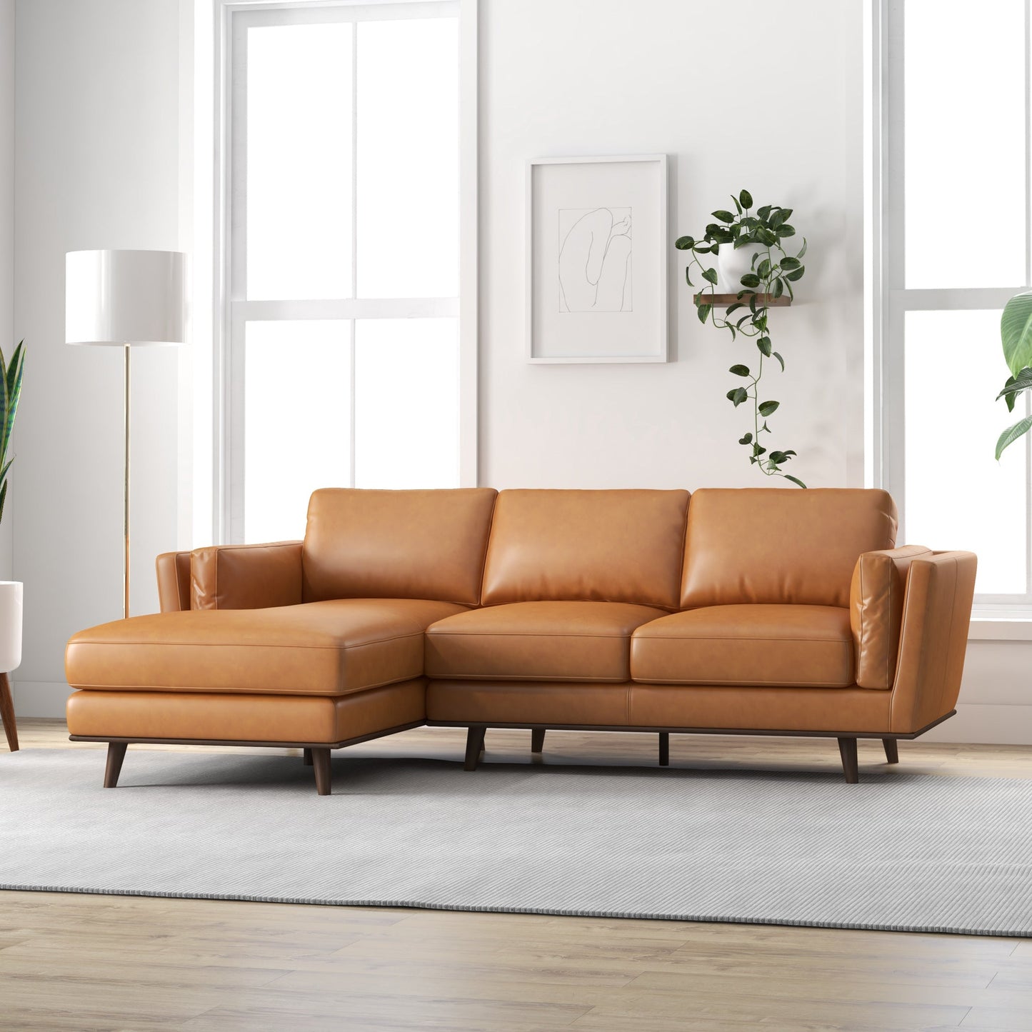 Leather Left Sectional Sofa - Tan