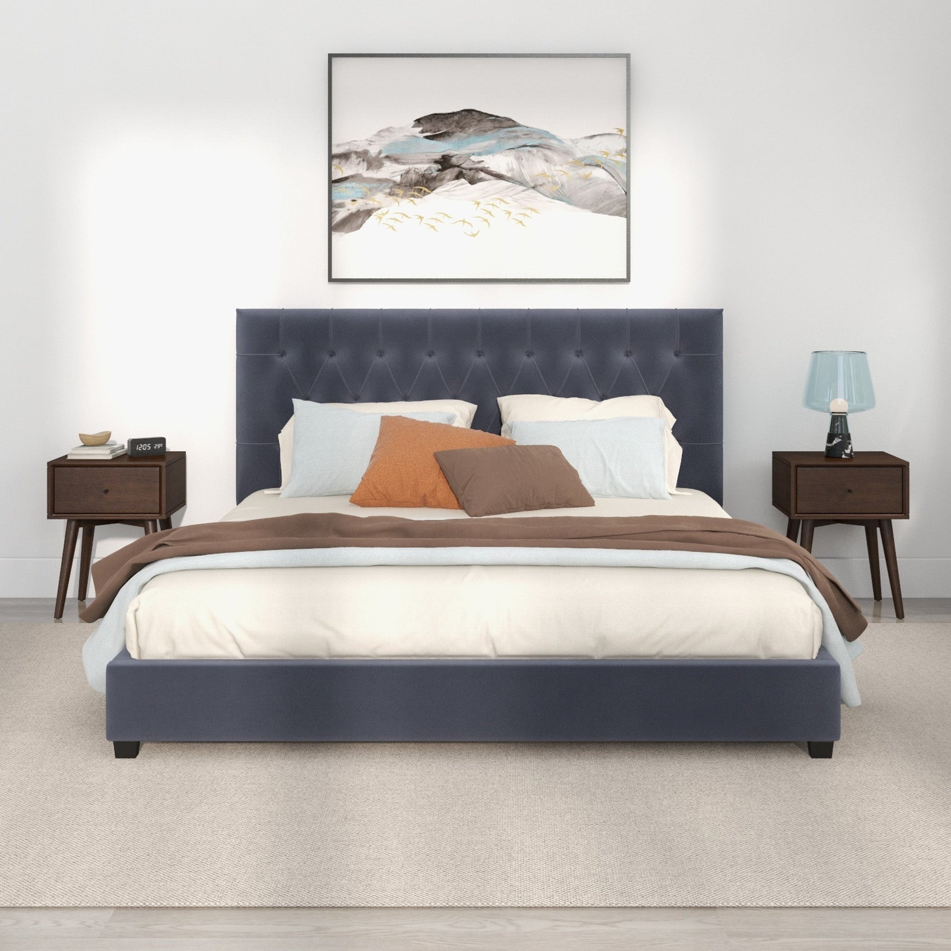 Debbie King Velvet Platform Bed in Grey